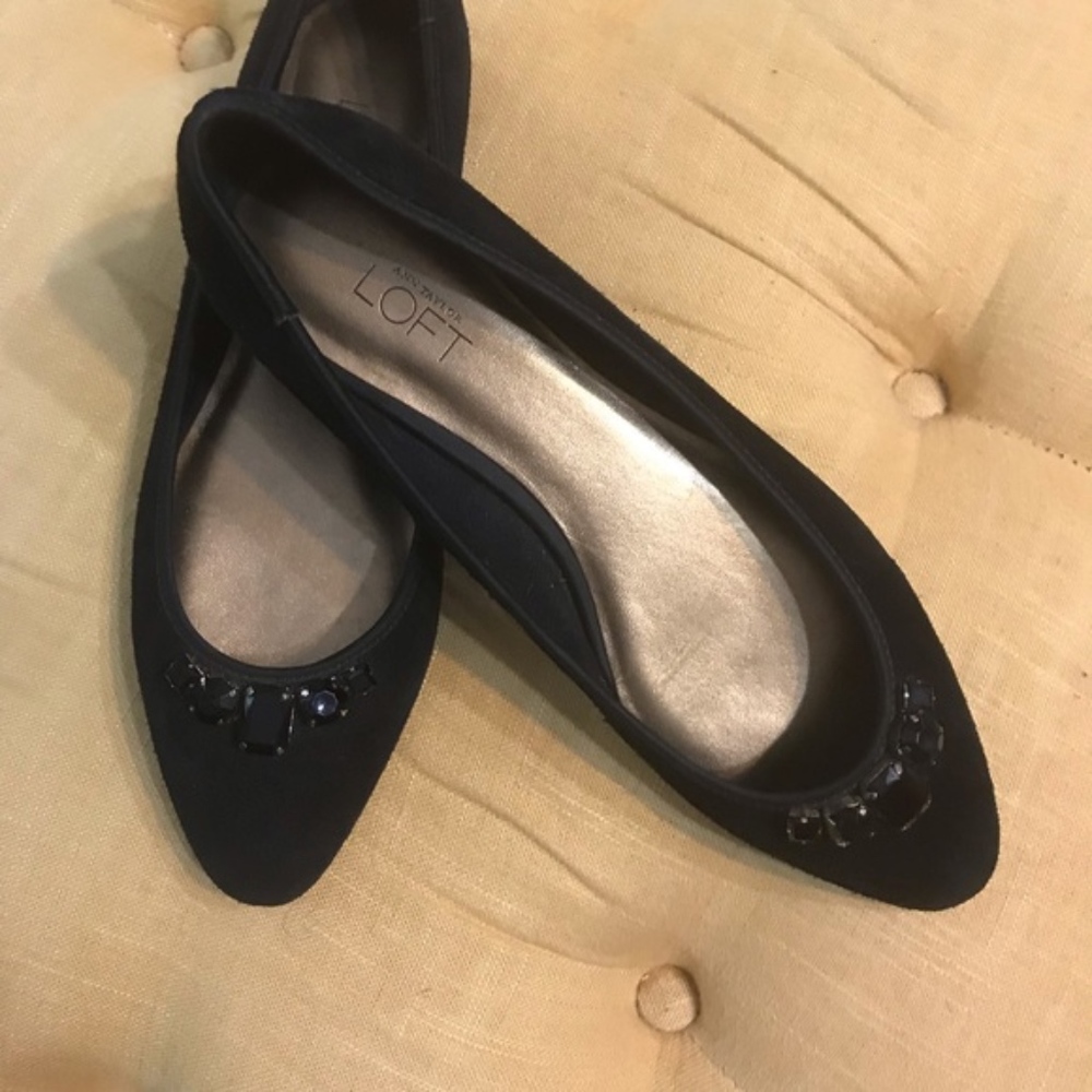 NEW Ann Taylor Loft Black suede flats with gems